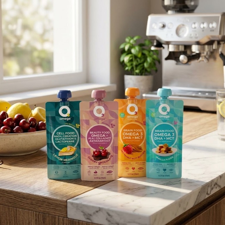 Four Omega-3 supplement pouches displayed on a kitchen counter with fruit, a plant, and a coffee machine in the background
